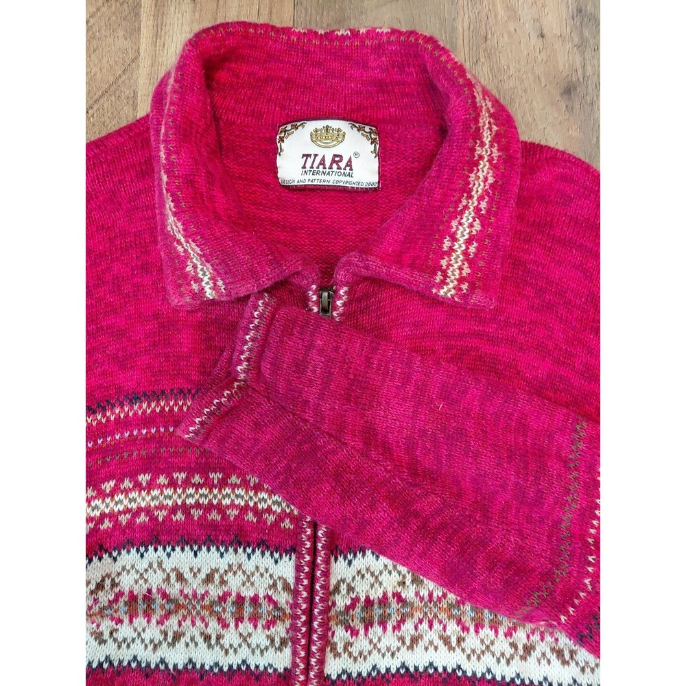 Tiara Vintage Fair Isle Zip Up Knit Sweater Dark Pink Size L - Picture 4 of 7